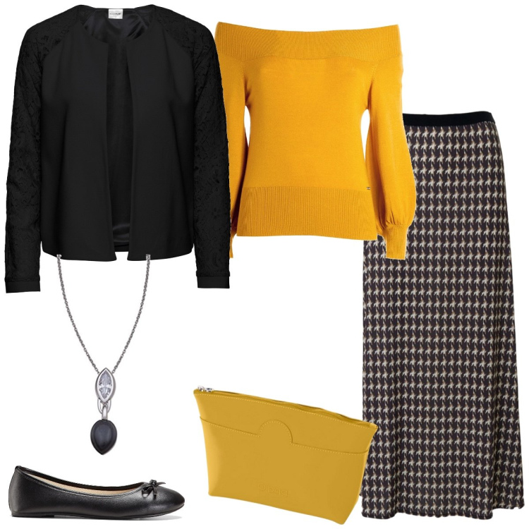 Outfit donna - Passeggiata in città. Stile Preppy per Tutti i giorni. Abbinamento con ballerine, blazer, maglieria, gonne, pochette, collane.