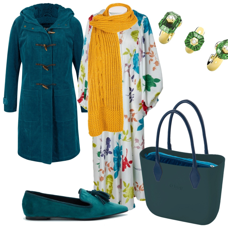 Outfit donna - In lungo fiorato. Stile Trendy per Tutti i giorni. Abbinamento con montgomery, sciarpe, orecchini, ballerine, borse a spalla, vestiti chemisier.