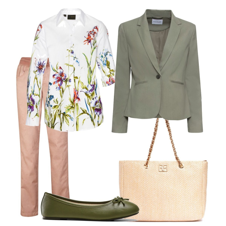 Outfit donna - La camicia a fiori. Stile Casual per Tutti i giorni. Abbinamento con blazer, camicie, pantaloni, ballerine, borse a spalla.
