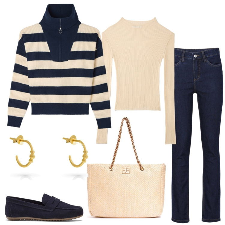 Outfit donna - Righe. Stile Casual per Tutti i giorni. Abbinamento con jeans, mocassini, maglieria, t-shirt, borse a spalla, orecchini.
