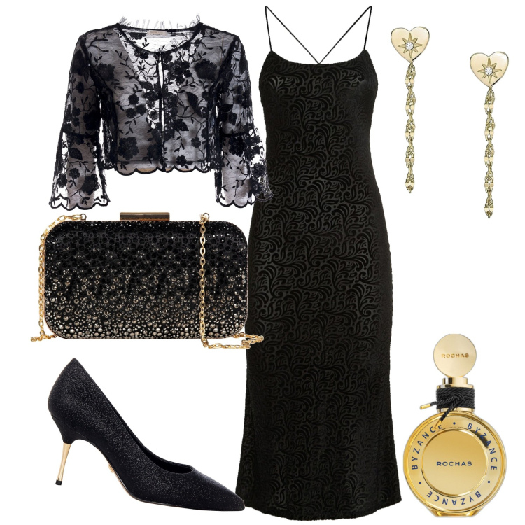 Outfit donna - Serata. Stile Chic per Serata fuori. Abbinamento con profumi, décolleté, clutch, blazer, vestiti midi/longuette, orecchini.