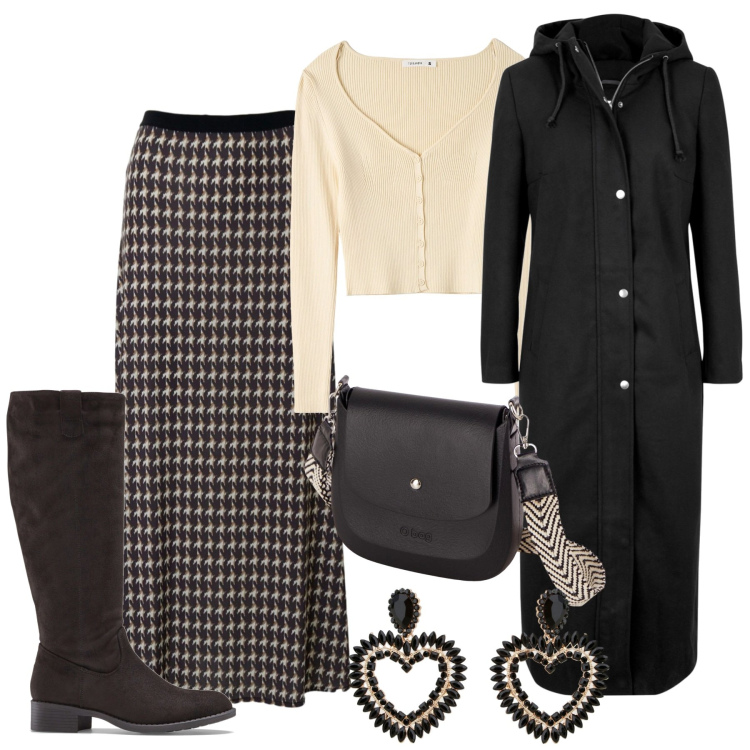 Outfit donna - In città. Stile Casual chic per Tutti i giorni. Abbinamento con stivali, cappotti, cardigans, orecchini, gonne, borse a spalla.