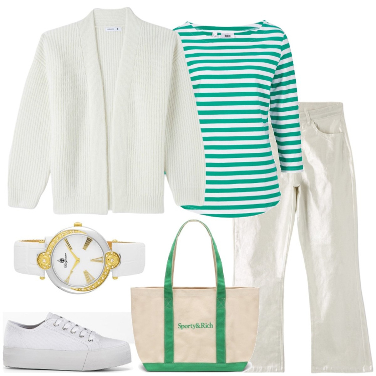 Outfit donna - Giornata al mare. Stile Casual per Tutti i giorni. Abbinamento con maglieria, sneakers, cardigans, pantaloni, borse tote, orologi.