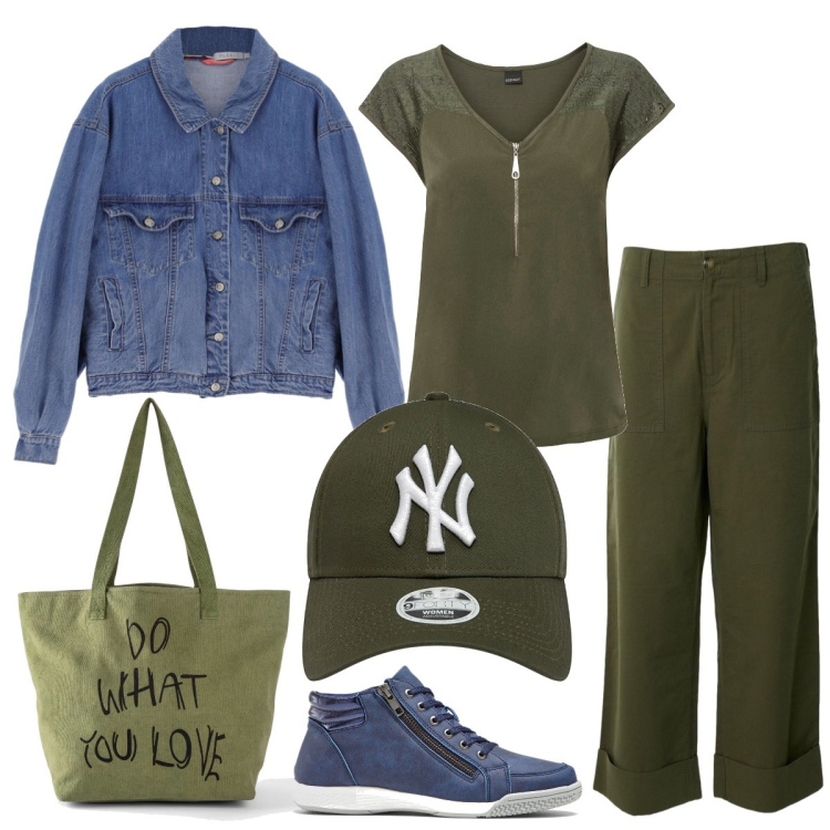 Outfit donna - Università. Stile Urban per Scuola/Università. Abbinamento con sneakers alte, t-shirt, shopping bag, giacche, pantaloni capri, cappelli.