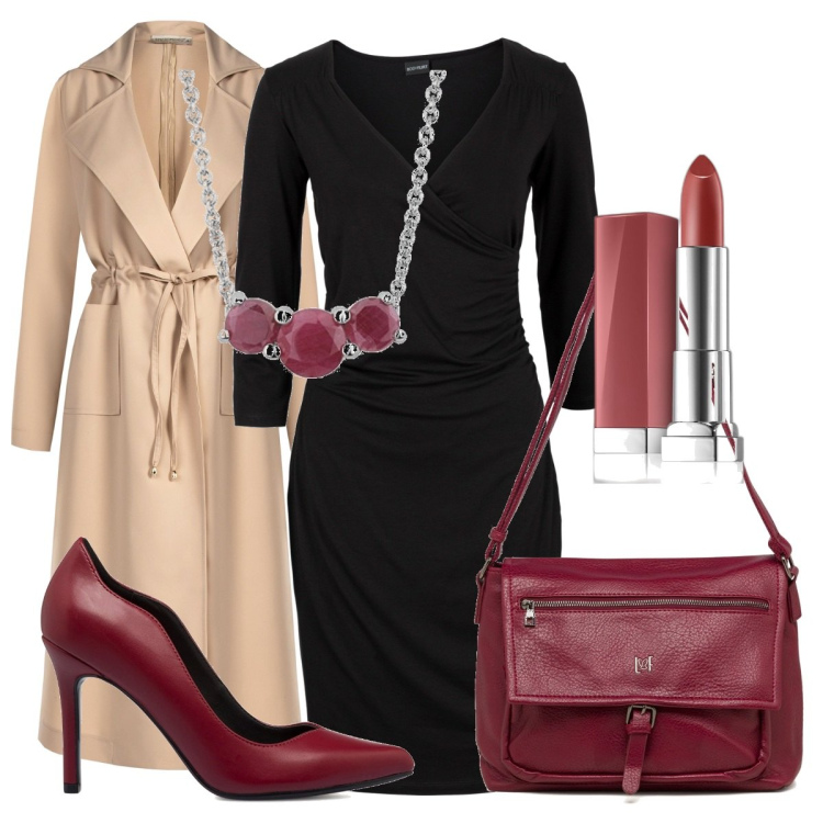 Outfit donna - Total look #1736457. Stile Bon Ton per Tutti i giorni. Abbinamento con vestiti a tubino, rossetti, trench, décolleté, borse a tracolla, ciondoli.