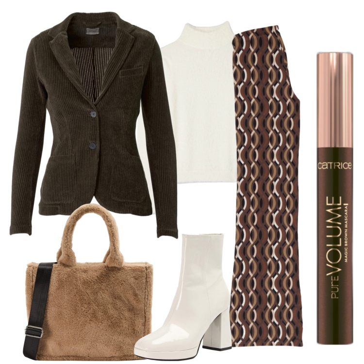 Outfit donna - Un pò 70. Stile 70s per Tutti i giorni. Abbinamento con mascara, maglieria, shopping bag, stivaletti, pantaloni, giacche.