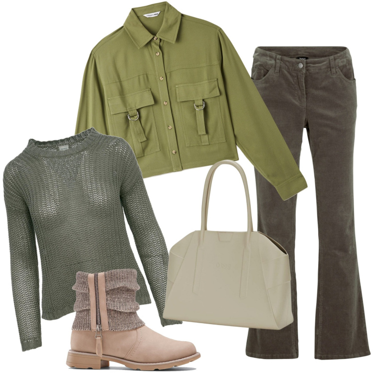 Outfit donna - Poi. Stile Casual per Tutti i giorni. Abbinamento con pantaloni, stivaletti, camicie, maglieria, borse a spalla.
