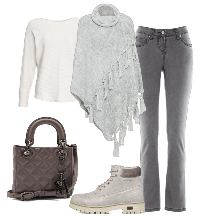 Outfit donna - Il poncho grigio chiaro. Stile Casual per Tutti i giorni. Abbinamento con maglieria, jeans slim fit, cappotti, stivaletti, borse a mano.