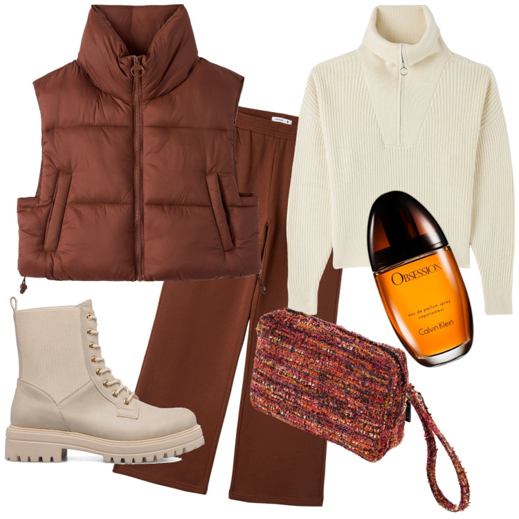 Outfit donna - Giornate fredde. Stile Casual per Tutti i giorni. Abbinamento con profumi, maglieria, pantaloni, piumini, anfibi, pochette.