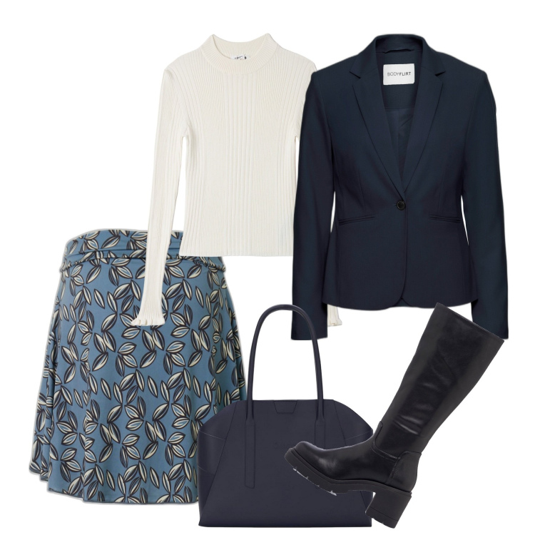 Outfit donna - Avvitato. Stile Bon Ton per Ufficio. Abbinamento con blazer, maglieria, stivali, gonne, borse a spalla.