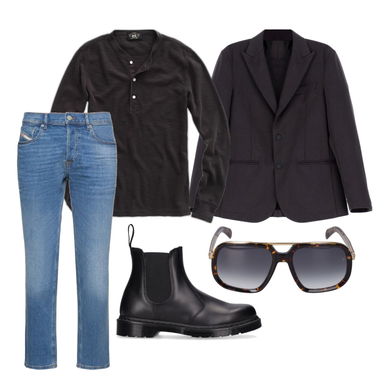 Outfit uomo - Ghost outfitter - ottobre. Stile Casual per Tutti i giorni. Abbinamento con giacche, t-shirt, occhiali da sole, jeans, stivali e stivaletti.