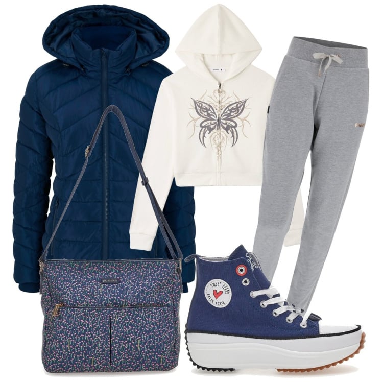 Outfit donna - Trendy anche con la pioggia. Stile Casual chic per Tutti i giorni. Abbinamento con giacche, felpe con cappuccio, pantaloni, sneakers, borse a tracolla.
