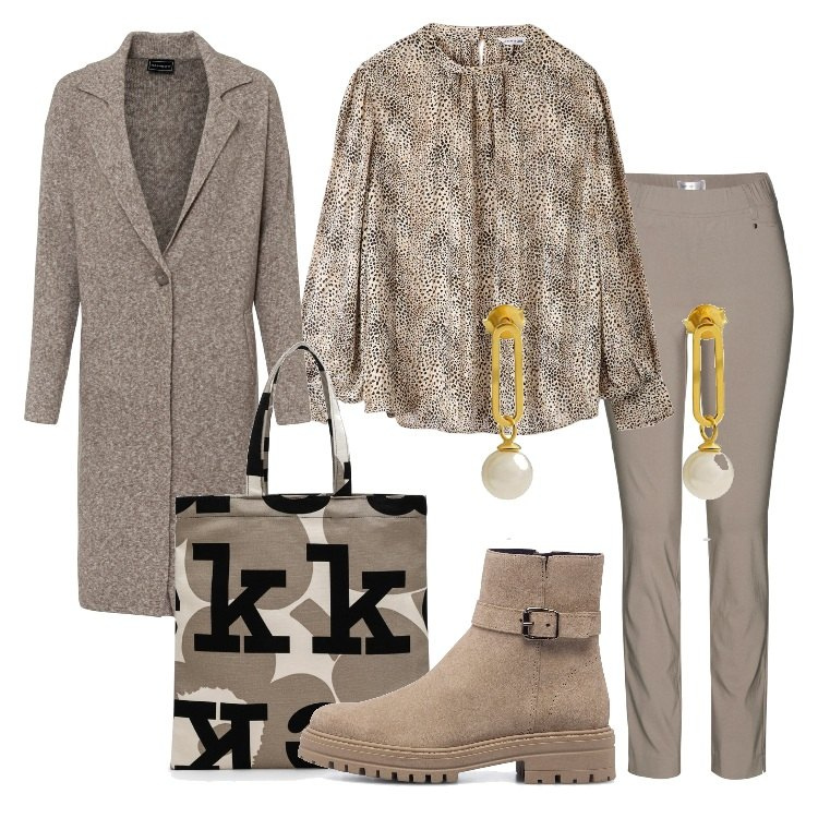 Outfit donna - Pratica con un tocco di originalità. Stile Trendy per Tutti i giorni. Abbinamento con pantaloni, cappotti, bluse, stivaletti, borse tote, orecchini.