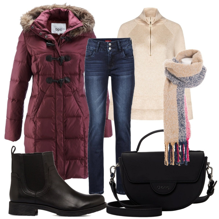 Outfit donna - Per una giornata di pioggia. Stile Casual per Tutti i giorni. Abbinamento con jeans, montgomery, bluse, sciarpe, stivaletti, borse a spalla.
