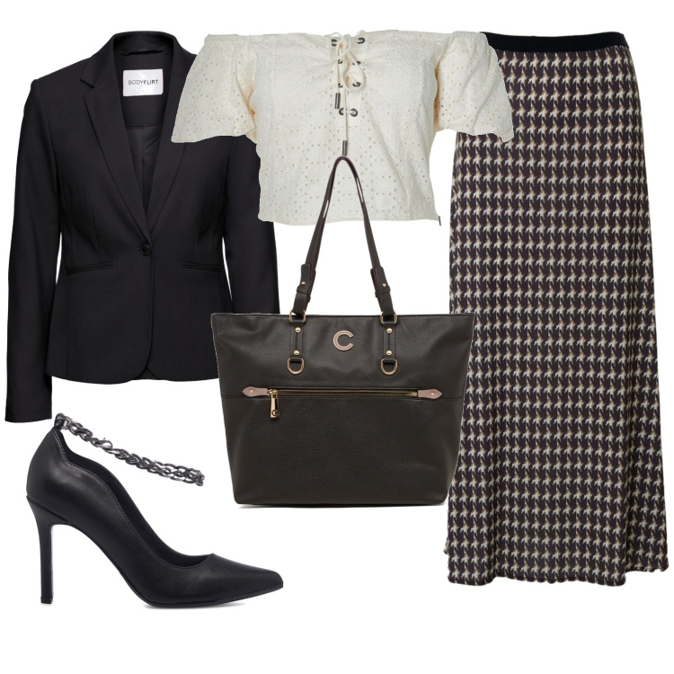 Outfit donna - Total look #1736586. Stile Chic per Serata fuori. Abbinamento con blazer, décolleté, borse a spalla, bluse, gonne.