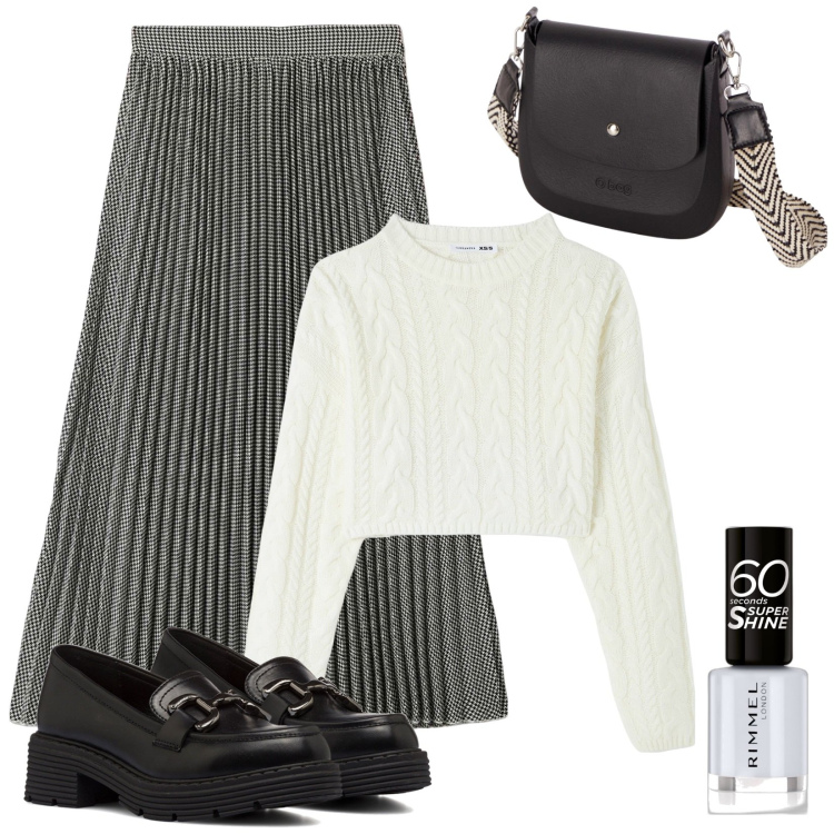 Outfit donna - Pronta per l\'ufficio. Stile Trendy per Ufficio. Abbinamento con smalti, gonne longuette, maglieria, mocassini, borse a spalla.