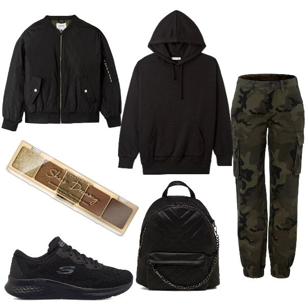 Outfit donna - Look basic. Stile Basic per Tutti i giorni. Abbinamento con pantaloni cargo, ombretti, bomber, felpe con cappuccio, sneakers, zaini.