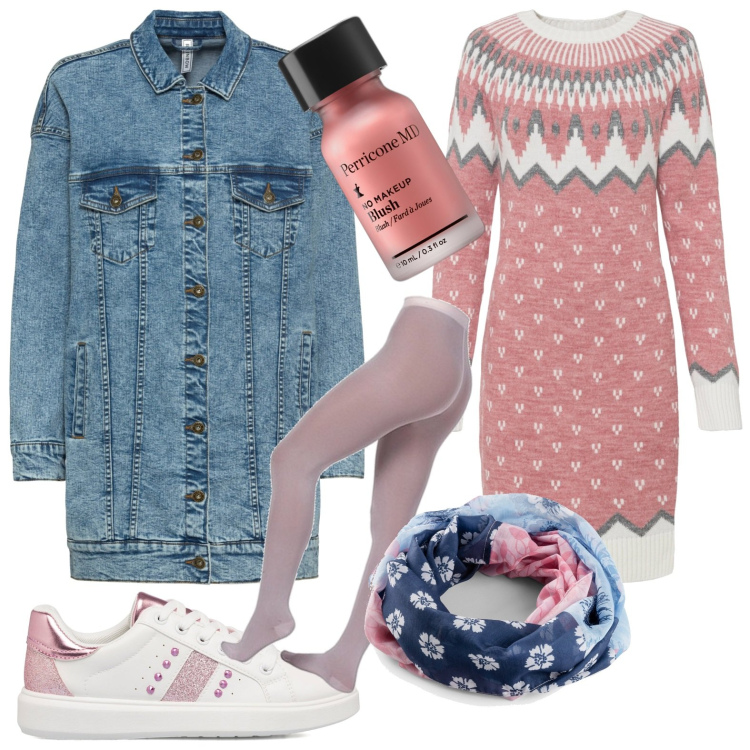 Outfit donna - Autunno. Stile Casual per Scuola/Università. Abbinamento con vestiti, foulard, blazer, blush, collant, sneakers.