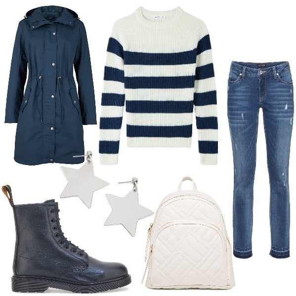 Outfit donna - Un look per la pioggia. Stile Casual per Tutti i giorni. Abbinamento con parka, jeans skinny, maglieria, zaini, orecchini, anfibi.