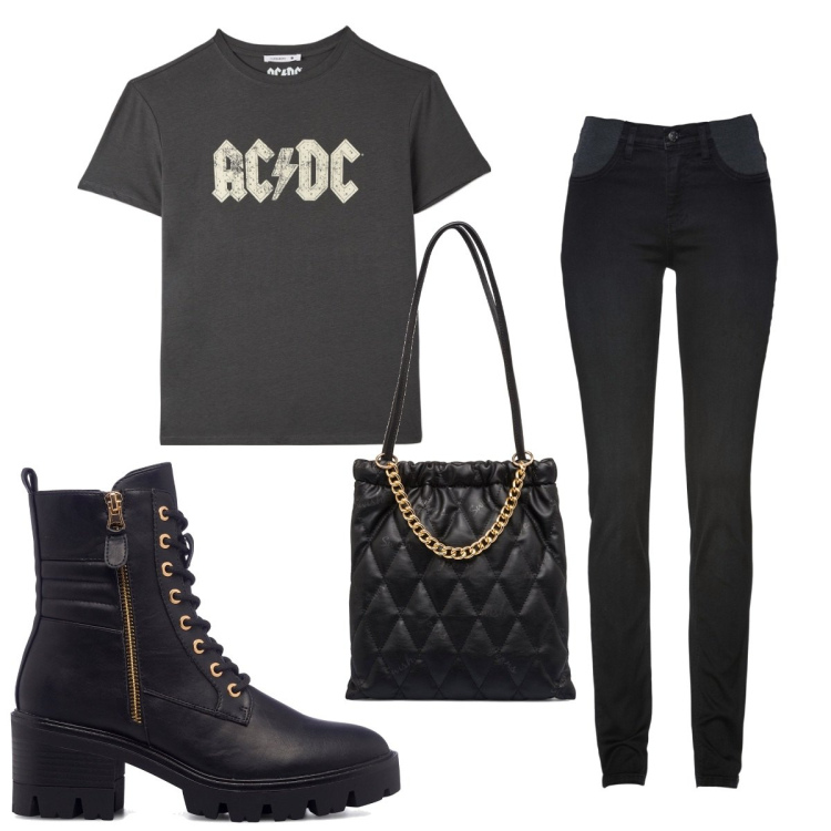 Outfit donna - Total look #1736675. Stile Rock per Tutti i giorni. Abbinamento con jeans skinny, t-shirt, anfibi, borse a spalla.