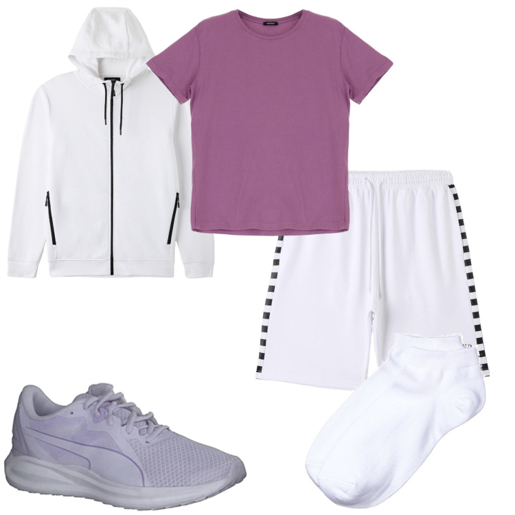 Outfit uomo - In palestra. Stile Casual per Tutti i giorni. Abbinamento con bermuda, felpe con cappuccio, t-shirt, calzini, scarpe sportive.