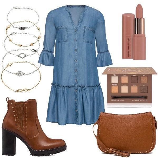 Outfit donna - Semplice ma con stile. Stile Basic per Tutti i giorni. Abbinamento con braccialetti con ciondoli, vestiti, rossetti, ombretti, stivaletti, borse a tracolla.