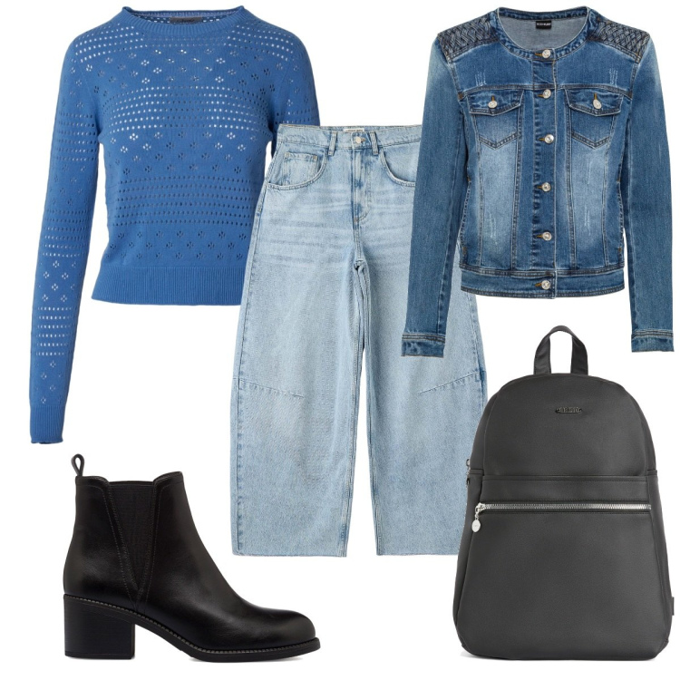 Outfit donna - Total look #1736719. Stile Basic per Scuola/Università. Abbinamento con blazer, jeans boyfriend, zaini, stivaletti, maglieria.