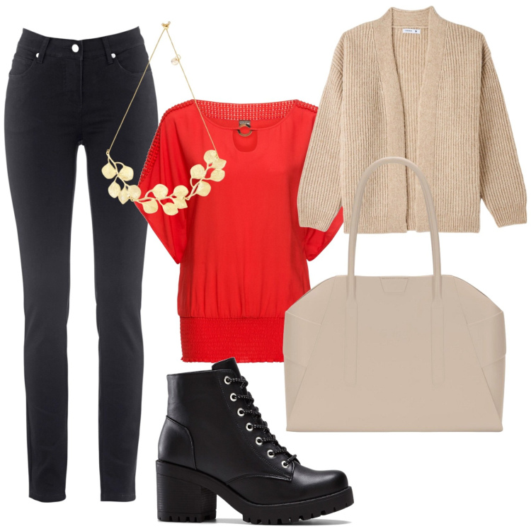 Outfit donna - La blusa mattone. Stile Casual chic per Tutti i giorni. Abbinamento con bluse, stivaletti, jeans dritti, cardigans, collane, borse a spalla.