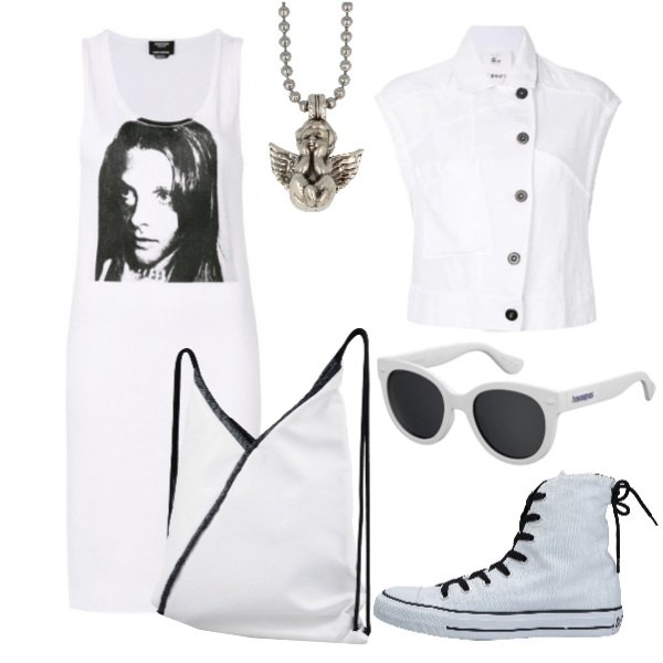 Outfit donna - Total white in chiave Urban. Stile Urban per Tutti i giorni. Abbinamento con sneakers tennis senza tacco con laccetti interno sfoderato con punta tonda tinta unita, borsa, giacca senza maniche bianco, vestito scollatura senza maniche aderente bianco, occhiali da sole, collana 100% nichel fatto a mano.