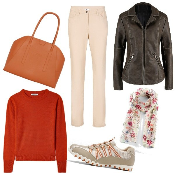 Outfit donna - Giornata autunnale. Stile Casual chic per Tutti i giorni. Abbinamento con foulard, sneakers, blazer, pantaloni, maglieria, borse a spalla.
