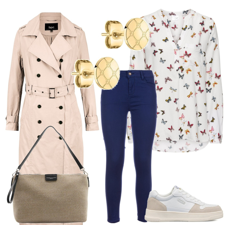 Outfit donna - Total look #1736744. Abbinamento con bluse, trench, jeans skinny, sneakers alte, borse a mano, orecchini.