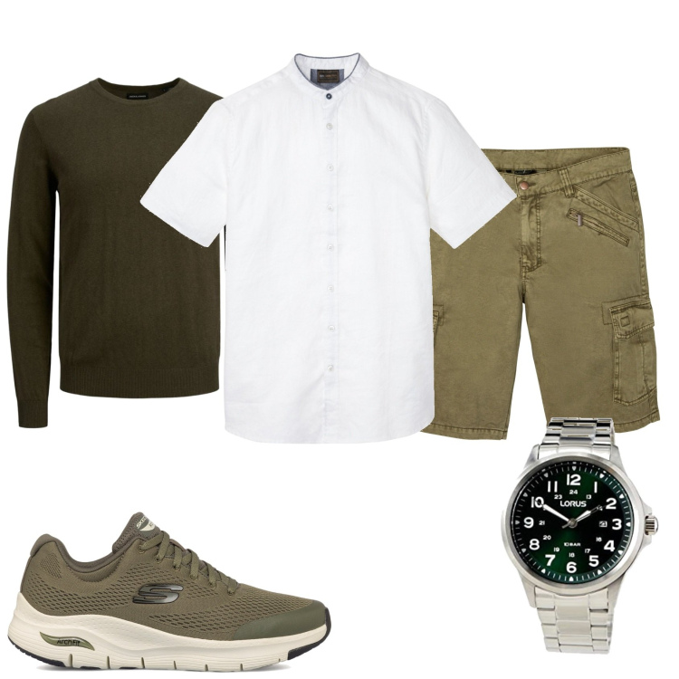 Outfit uomo - Ancora non fa freddo. Stile Trendy per Tutti i giorni. Abbinamento con camicie a manica corta, bermuda, sneakers, maglieria, orologi.