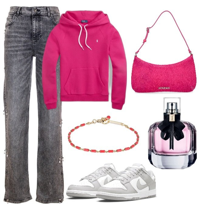 Outfit donna - Total look #1736831. Stile Trendy per Tutti i giorni. Abbinamento con sneakers, profumi, jeans dritti, felpe con cappuccio, braccialetti, borse a spalla.