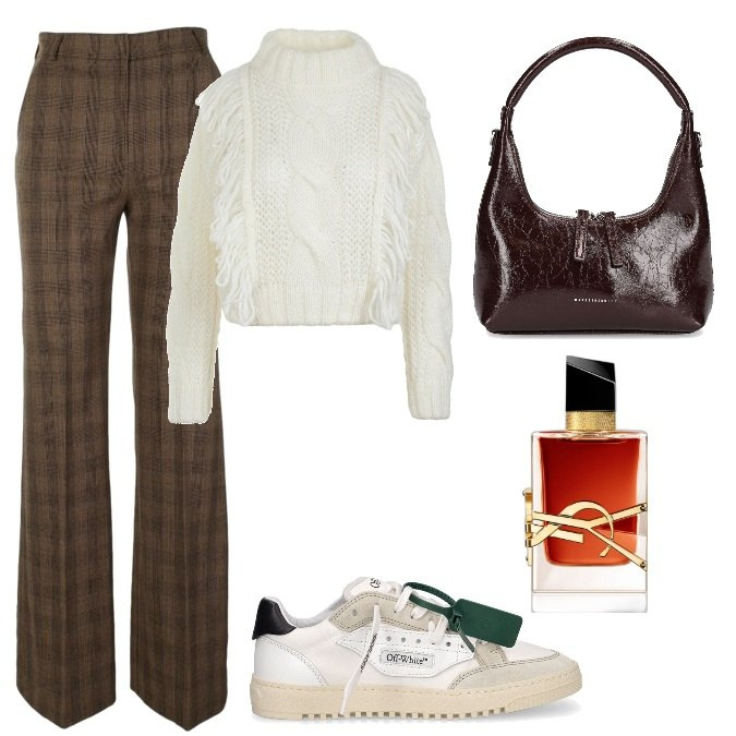 Outfit donna - Total look #1736849. Stile Trendy per Tutti i giorni. Abbinamento con profumi, sneakers, borse a mano, maglieria, pantaloni.