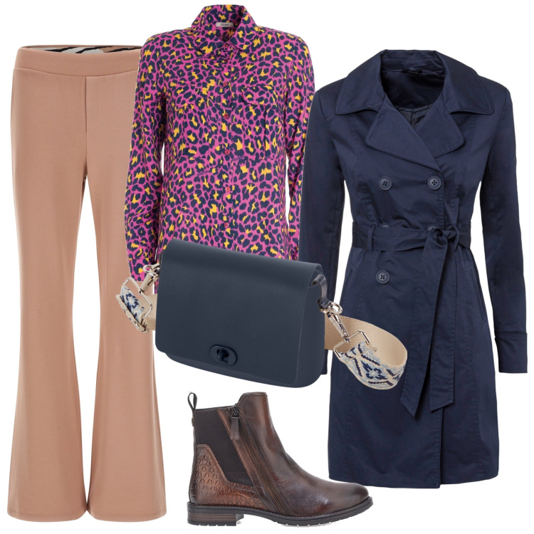 Outfit donna - Giornata di pioggia. Stile Casual per Ufficio. Abbinamento con trench, camicie, pantaloni, stivaletti chelsea, borse a spalla.