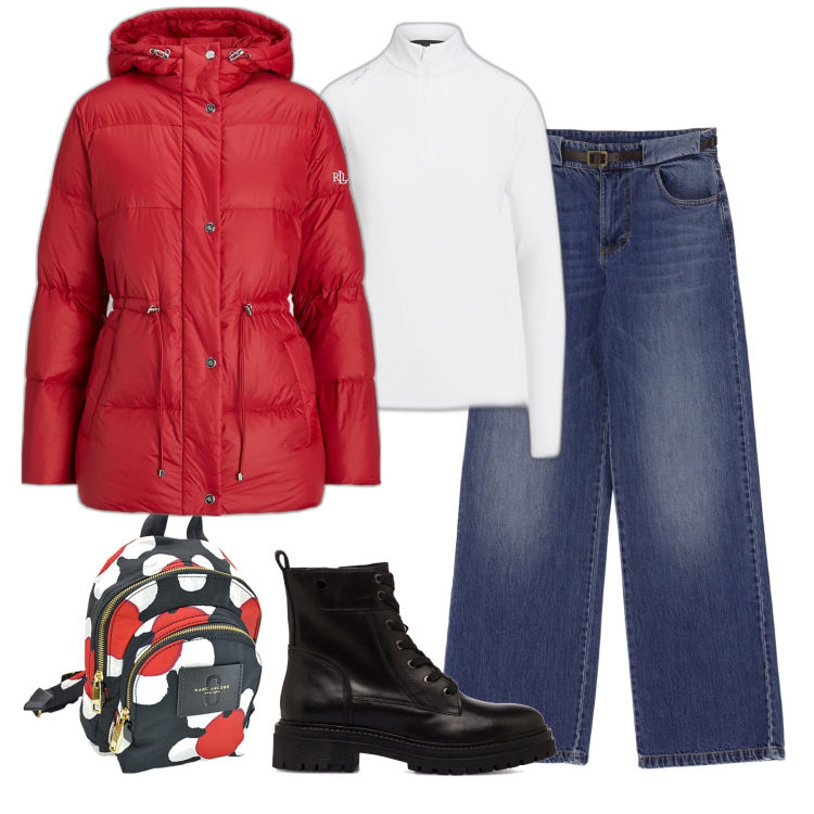 Outfit donna - Perfetta in rosso. Stile Basic per Tutti i giorni. look ideale per Tall. Abbinamento con zaini, jeans, piumini, pullovers, anfibi.