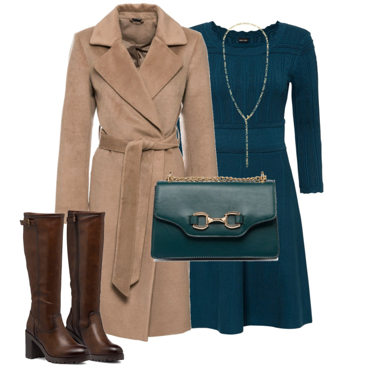 Outfit donna - Ottobre. Stile Casual chic per Tutti i giorni. Abbinamento con vestiti, cappotti, stivali sopra il ginocchio, borse a tracolla, collane.