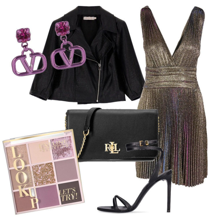 Outfit donna - Disco. Stile Chic per Serata fuori. Abbinamento con ombretti, blazer, borse a tracolla, vestiti, orecchini, sandali in pelle.