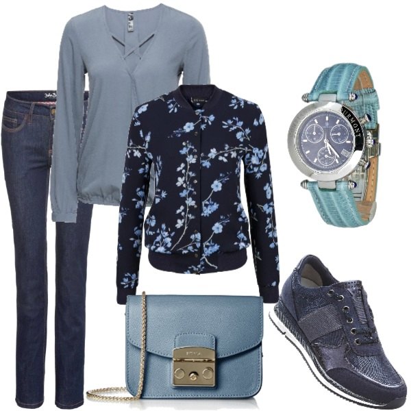 Outfit donna - Trendy #22176. Stile Trendy per Tutti i giorni. Abbinamento con bomber, bluse, sneakers blu, jeans, orologio, borsa a tracolla mini blu.
