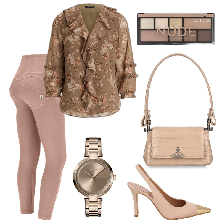 Outfit donna - Nude ma con blusa fantasia. Stile Romantica per Ufficio. Abbinamento con ombretti, pantaloni skinny, camicie, décolleté, orologi analogici, borse a spalla.