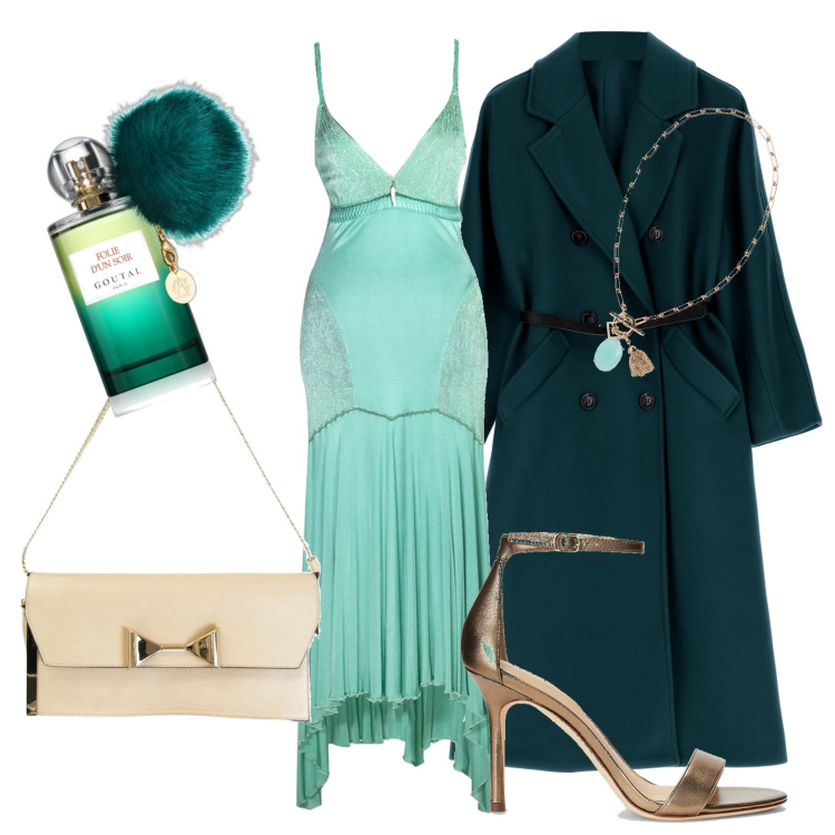 Outfit donna - A\' Paris. Stile Glamour per Serata fuori. Abbinamento con vestiti lunghi, borse a spalla, profumi, cappotti, collane, sandali in pelle.