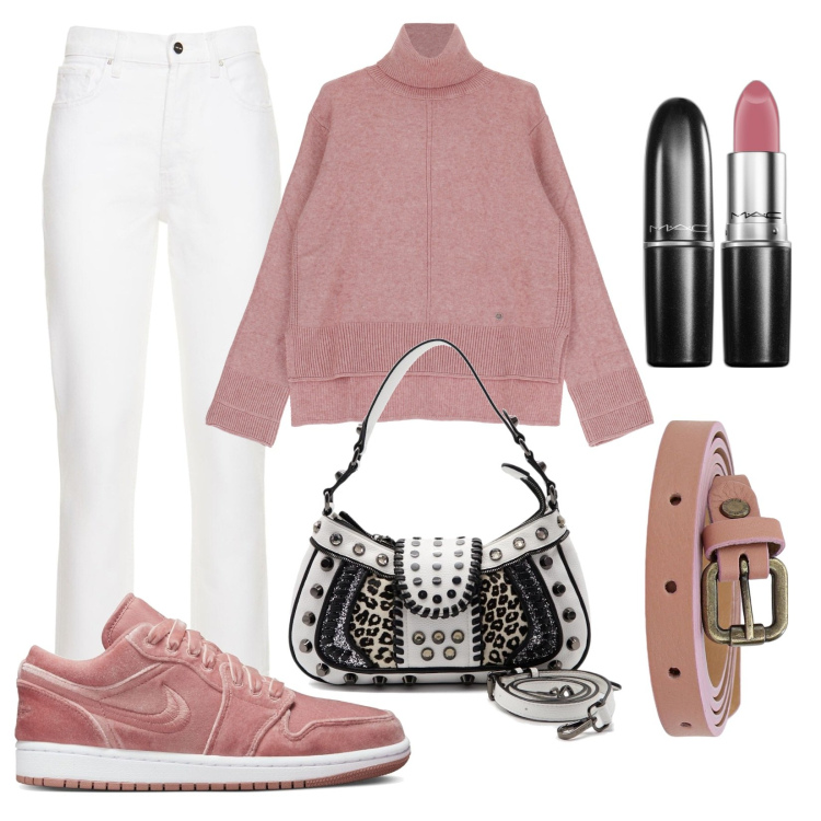 Outfit donna - Everyday look. Stile Sporty chic per Tutti i giorni. Abbinamento con rossetti, maglieria, cinture, sneakers, borse a spalla, jeans dritti.