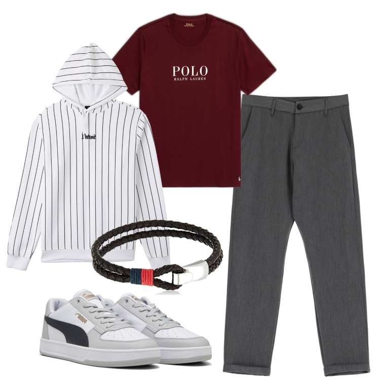 Outfit uomo - La felpa a righe. Stile Trendy per Tutti i giorni. Abbinamento con felpe con cappuccio, pantaloni, t-shirt, sneakers, braccialetti.
