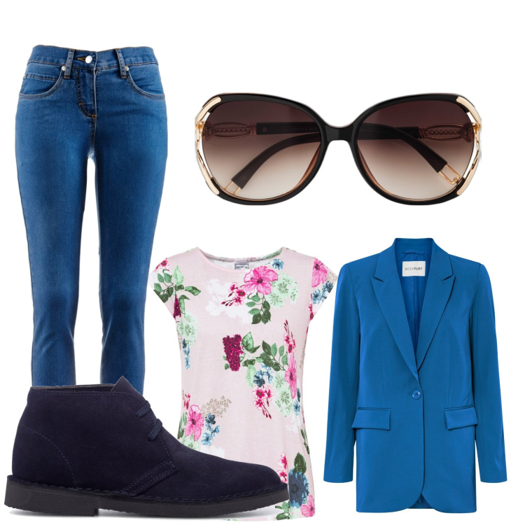 Outfit donna - La professoressa. Stile Casual per Scuola/Università. Abbinamento con jeans dritti, occhiali da sole, maglieria, blazer, stivaletti.
