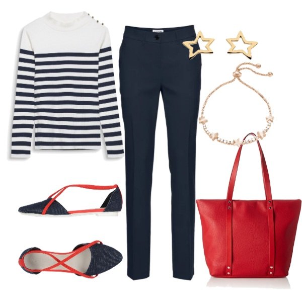 Outfit donna - Ricordando il mare. Stile Trendy per Tutti i giorni. Abbinamento con pantaloni, ballerine a punta in denim tinta unita, maglia a maniche lunghe multicolore e navy, bracciale, shopping bag rosso, orecchini argento e oro.