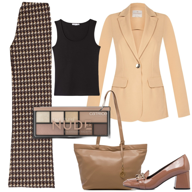 Outfit donna - In ufficio col make up nude. Stile Chic per Ufficio. Abbinamento con ombretti, canottiere, giacche, décolleté, borse a spalla, pantaloni.
