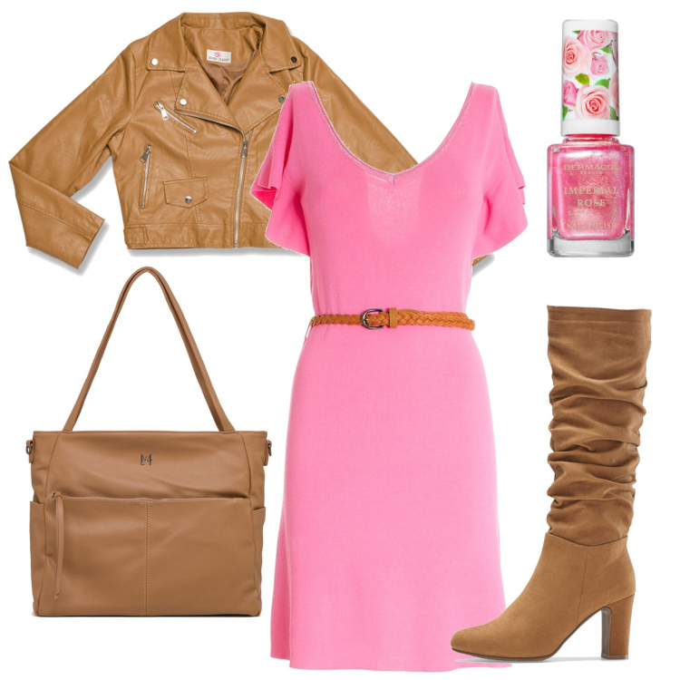 Outfit donna - Autunno in rosa. Stile Casual chic per Tutti i giorni. Abbinamento con stivali, smalti, vestiti, cappotti, borse a tracolla.