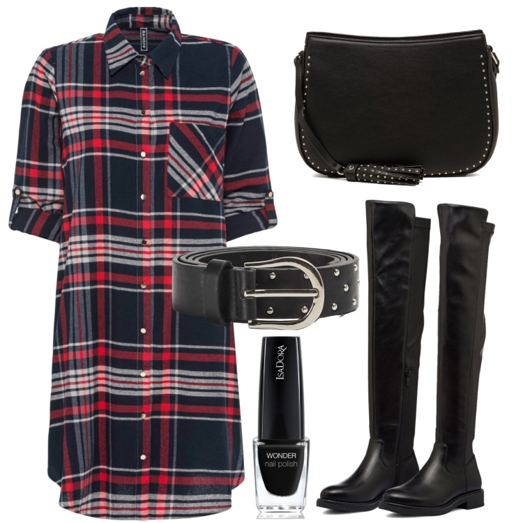 Outfit donna - Perfetta in un minuto. Stile Casual per Tutti i giorni. Abbinamento con vestiti chemisier, smalti, cinture, stivali sopra il ginocchio, borse a tracolla.
