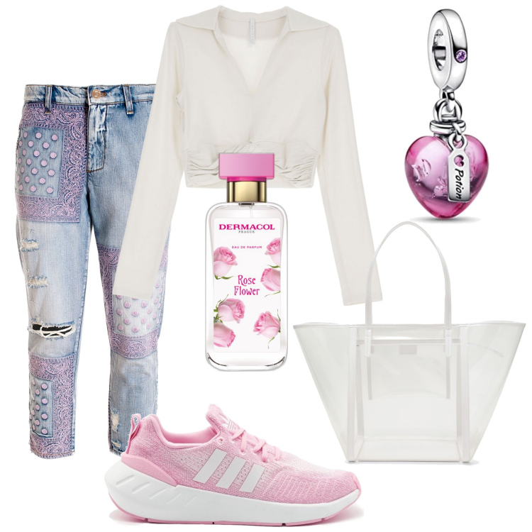 Outfit donna - Sweet girl. Stile Urban per Tutti i giorni. Abbinamento con profumi, jeans strappati, maglieria, sneakers, borse tote, ciondoli.