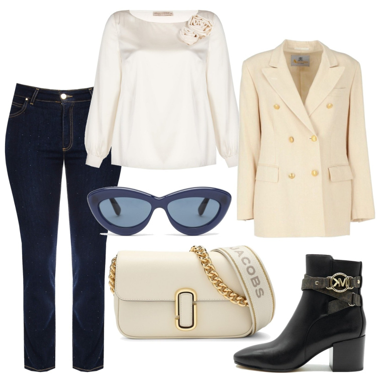 Outfit donna - Focus donna beige. Stile Casual chic per Tutti i giorni. Abbinamento con blazer, jeans, bluse, stivaletti, occhiali da sole, borse a tracolla.